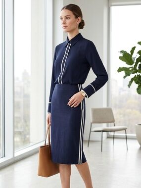 Liviana Conti Navy Blue & White Silk Shirt & Skirt Suit Set - US 6 (IT 42)